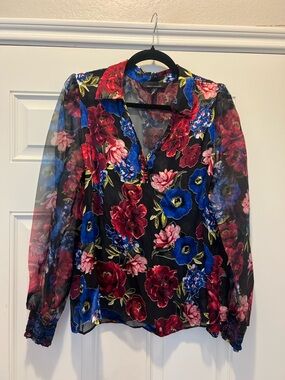 White House Black Market Black Sheer Blouse with Blue & Red Floral Print